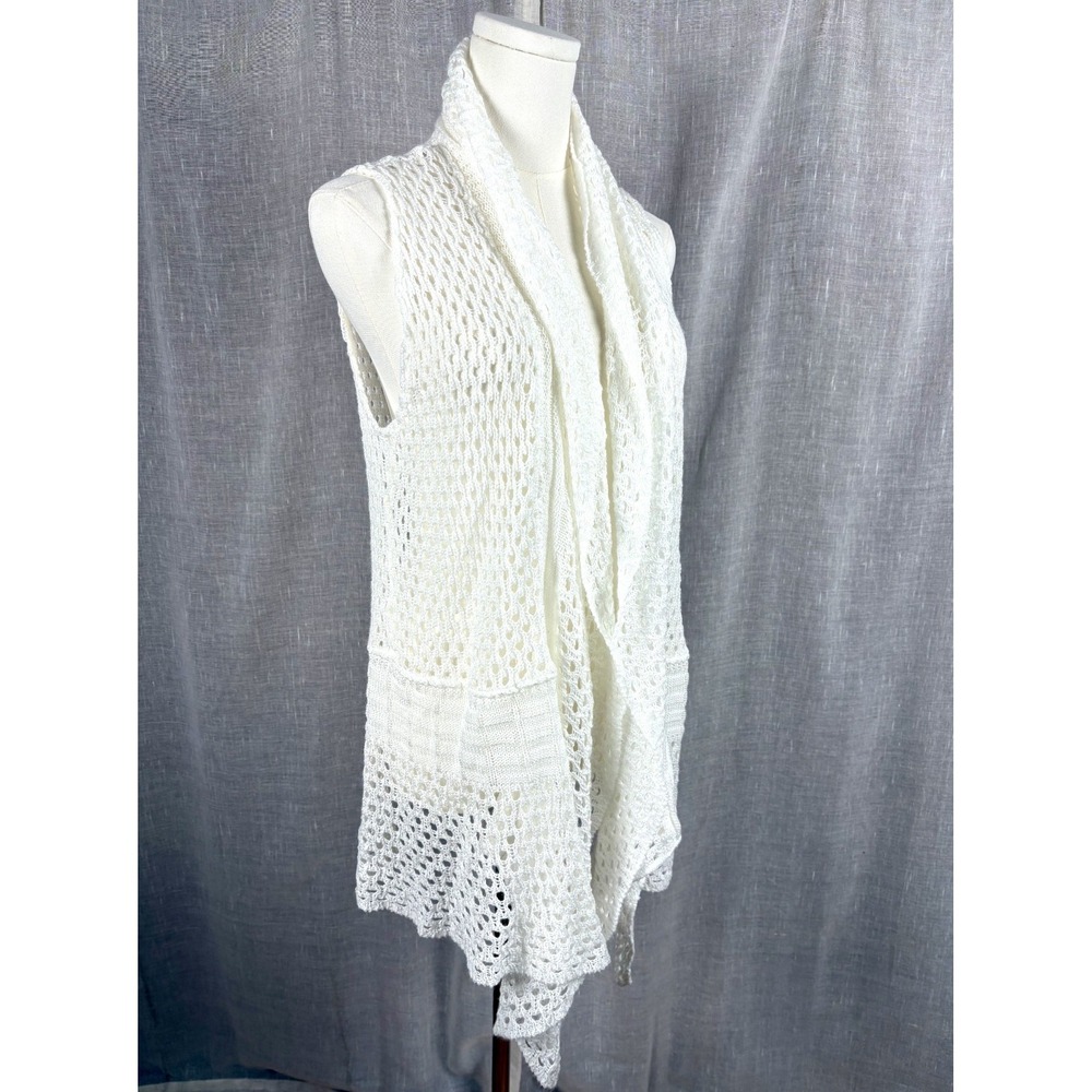 Vtg Y2K Open Knit Sweater Vest Sz M White Boho Festival Asymmetrical Coastal